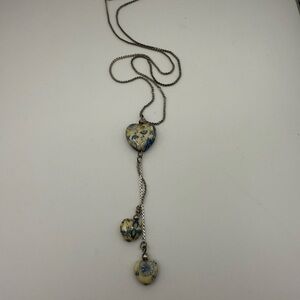 18” Silver tone Blue and Cream Heart Pendant Necklace, With 3” Hearts Charm Drop